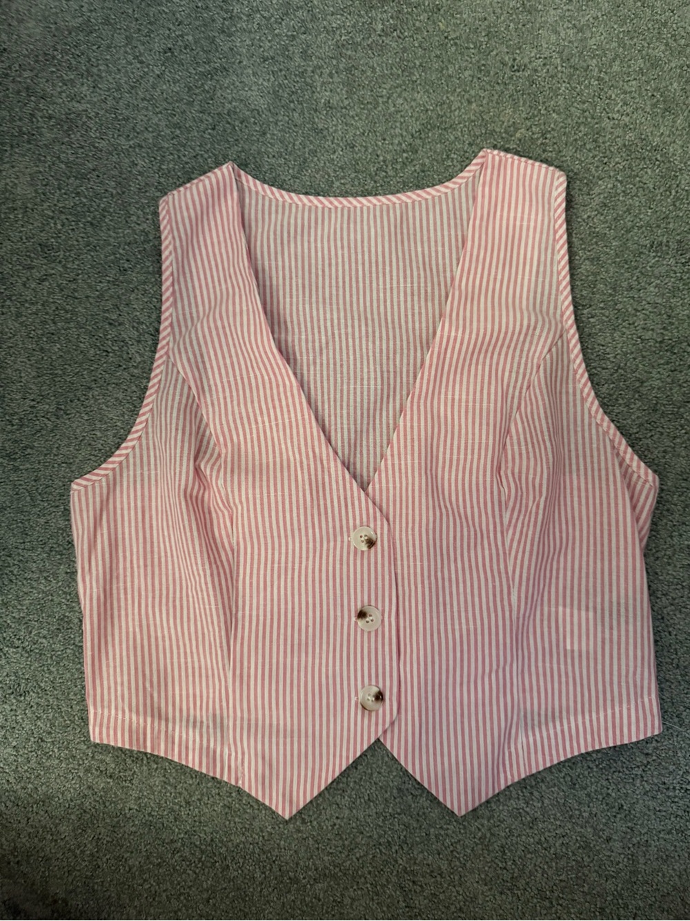 SHEIN Pink and White Striped V-Neck Button Front Crop Vest